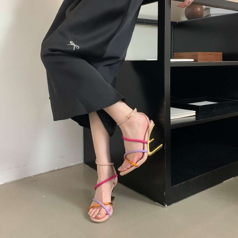 2025 New Product Star Same Style~Irregular Women's Shoes Colorful Cross Belt Color Matching Temperament High Heel Sandals for Women