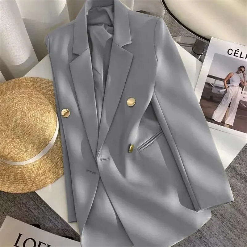 Womens elegant metal buckle white suit jacket casual office womens highend feeling Western style clothing springsummer 2025 250407