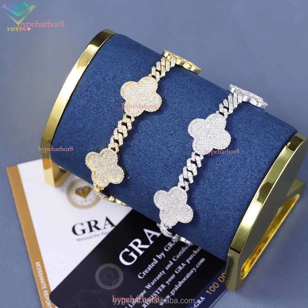 Yu Ying Clover Gold Sterg Sier VVS Moissanite Cuban k Chain Bracelet for Hip Hop Jewelry