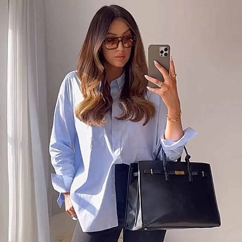 TRAF Womens Blue Shirt Plus Size Long Sleeve Blouse Woman 2025 Shirts Blouses Button Up Oversized Shirt Korean Style Shirts 250411