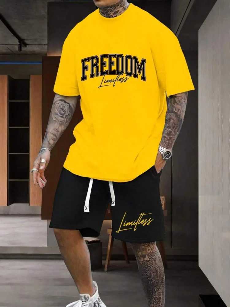 2-piece set of Los Angeles letter printed mens short sleeves and short sleeves set daily casual mens T-shirt street fashion sports short sleevesXJ2504