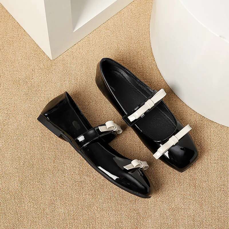 New 2024 Fashion Square Toe Glossy Leather Flats Women Double Bowknot Mary Jane Female Ballets Party Shoes Plus Size 44