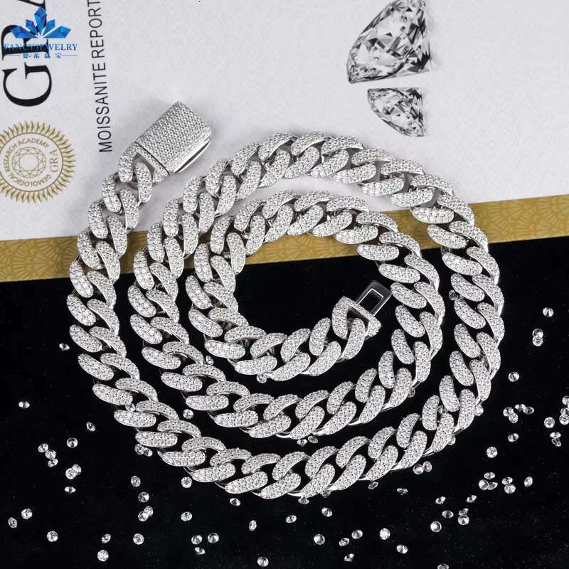 Fashion S925 Sterling Silver D Color VVS Moissanite Diamond15mm Cuban Link Chain Hip Hop Necklace