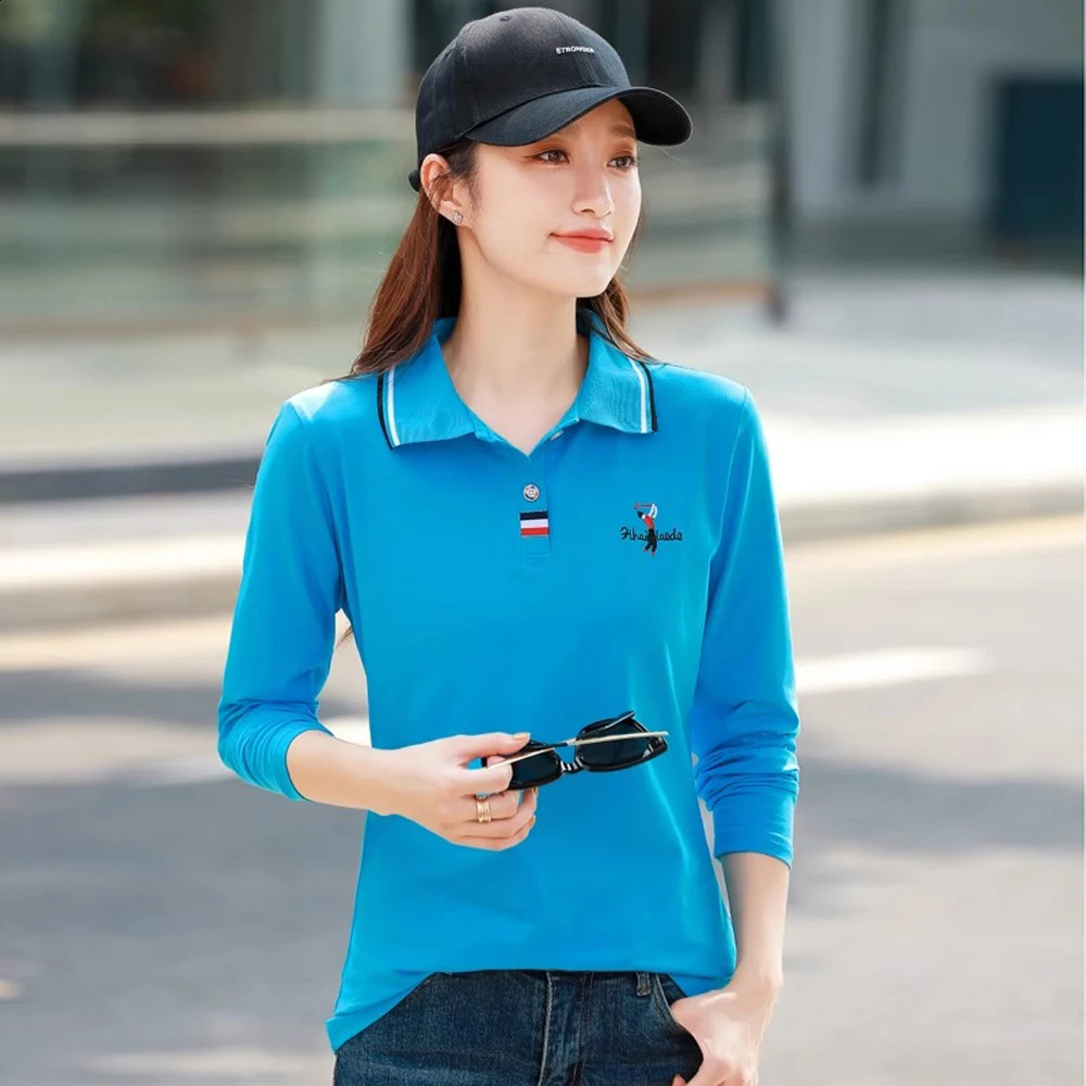 European Station Polo Neck Long sleeved T-shirt Womens Summer High end Pure Cotton Loose Fashion Casual Large Top 250411