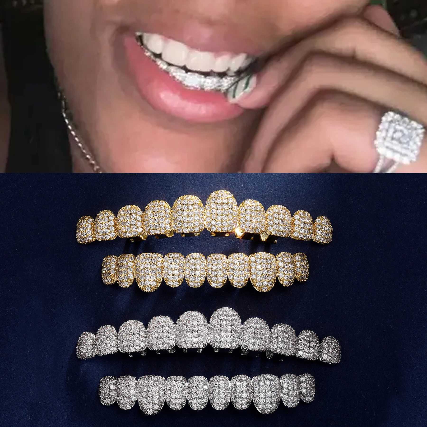 A set of ultra shiny 18k gold-plated miniature inlaid zircon tooth rack Grilz suitable for mens hip-hop teeth jewelry gifts W250412