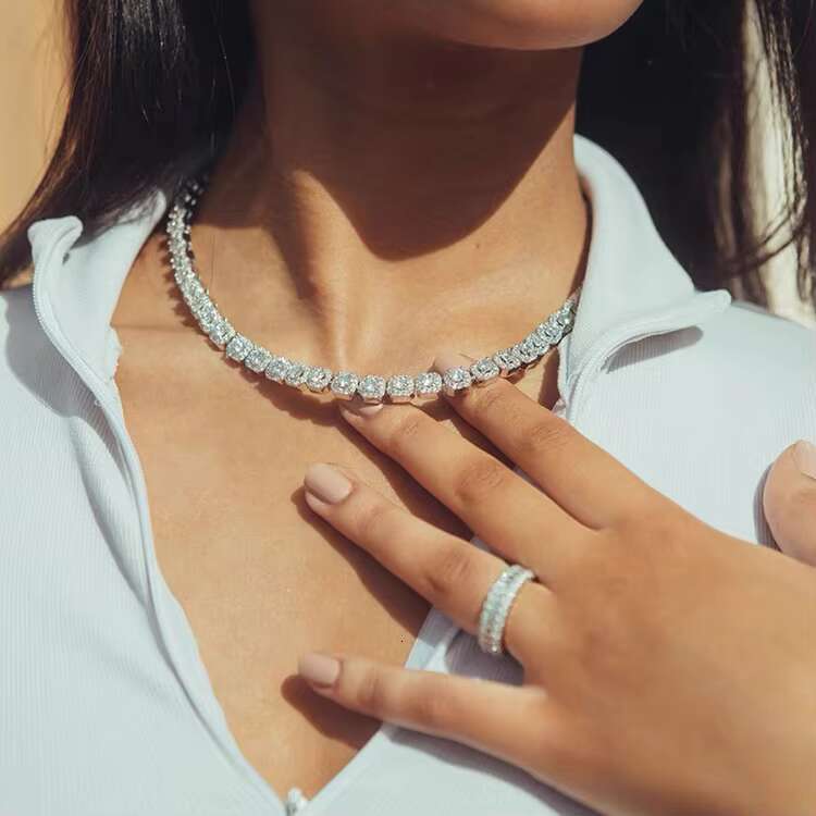 Yu Ying Hight Quality 8mm Clustered Tennis Chain Necklace 925 Solid Silver Iced Out VVS Moissanite Diamond Tennis Chain Necklace