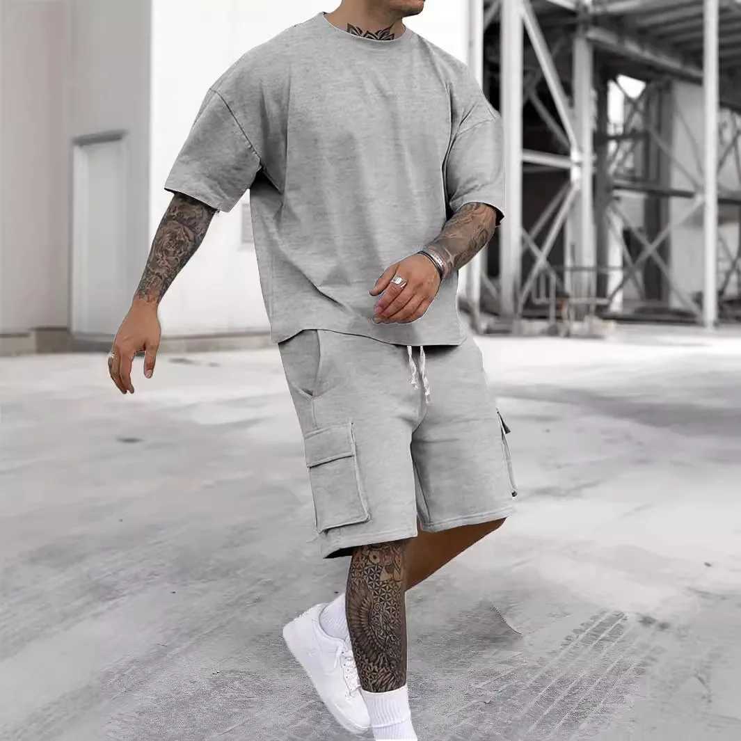 New summer fashion T-shirt and practical shorts solid color set casual sports mens clothingXJ250412