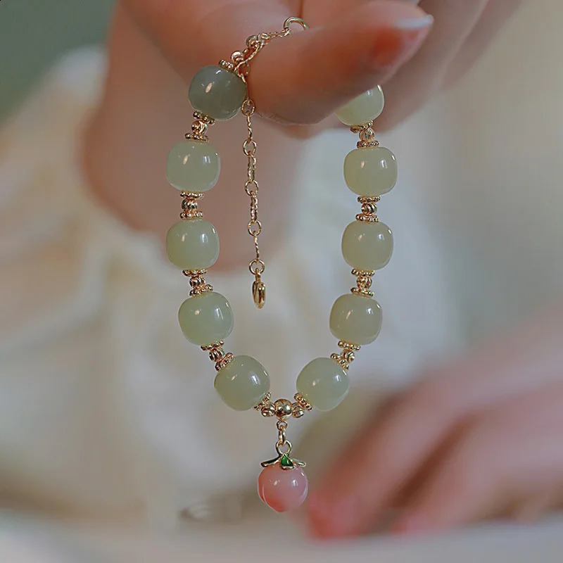 Natural Hetian Jade Bracelet Womens Pink Honey Peach Pendant Bead Bracelet Light Wedding Jewelry 250407