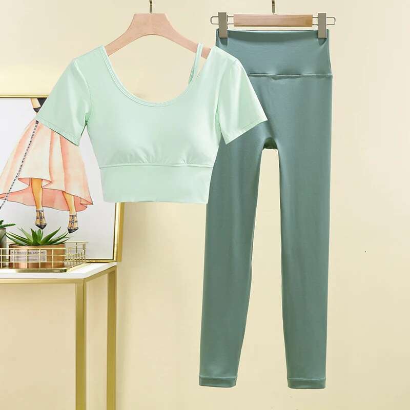 Women's Suit Short Sleeve Top Yoga Shirt Sports T-shirt Running Fiess Leggings Gym Set