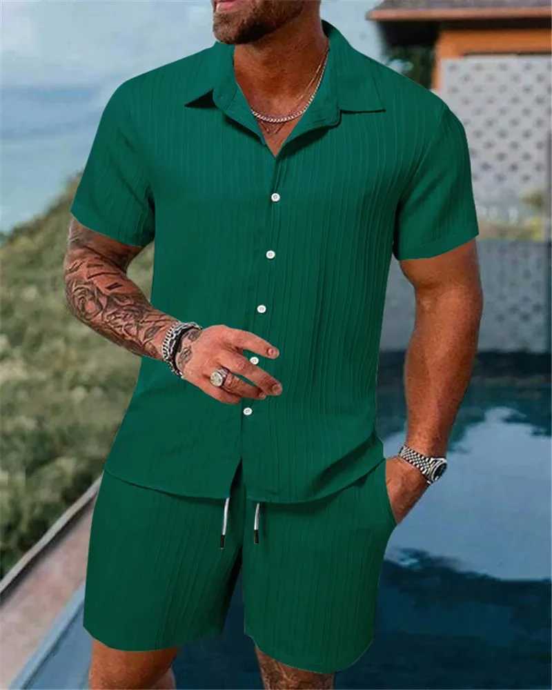 Mens 2PCS Set Summer 3D Printing Casual Solid Color Stripe Set Beach Button Shorts Street Clothing Holiday Two Piece SetXJ250412