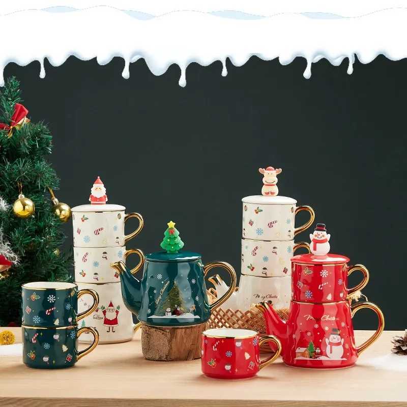 Christmas Christmas Ceramics Teaware Sets Coffee Cup Saucer Santa Claus Elk Snowman Tea Pot and Cup Set Drinkware Xmas Gift 1 Pot 2 Cups Y251112