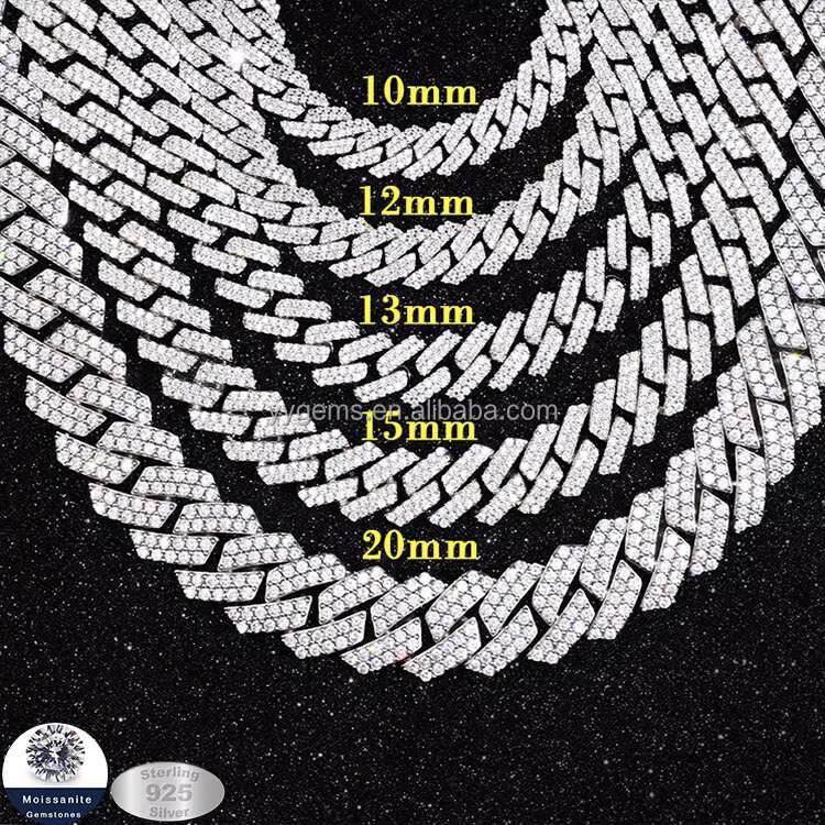 Yy RTS Iced Out 2rows VVS Moissanite Cuban Link Chian 925 Silver Fine Jewelry Necklaces for Men Pass Diamond Tester