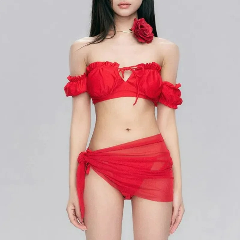 Women Sexy Ruffle Short Sleeve Swimsuit Summer Lace-up Beach Tankini Hollow Holiday Swimwear 3 Piece Bikini Set Red Bathing Suit 250411