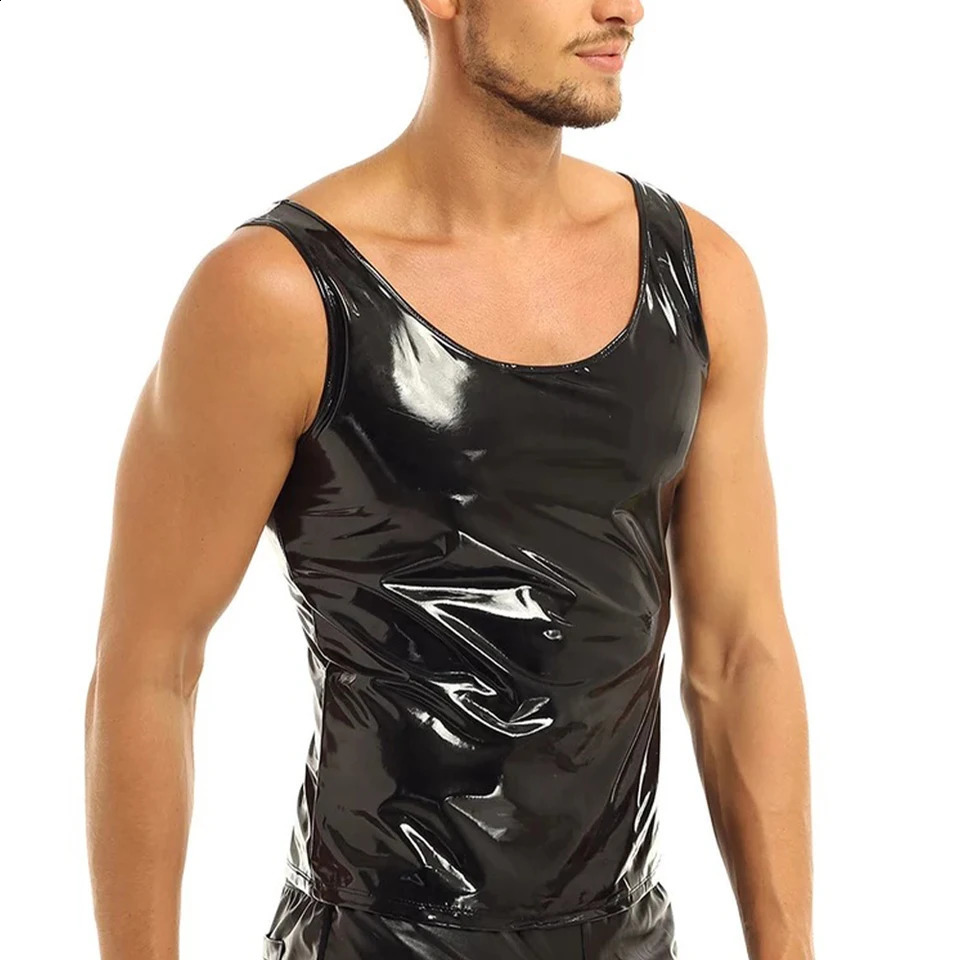 Mens wet appearance PVC patent leather vest round neck sleeveless Tshirt top 250407