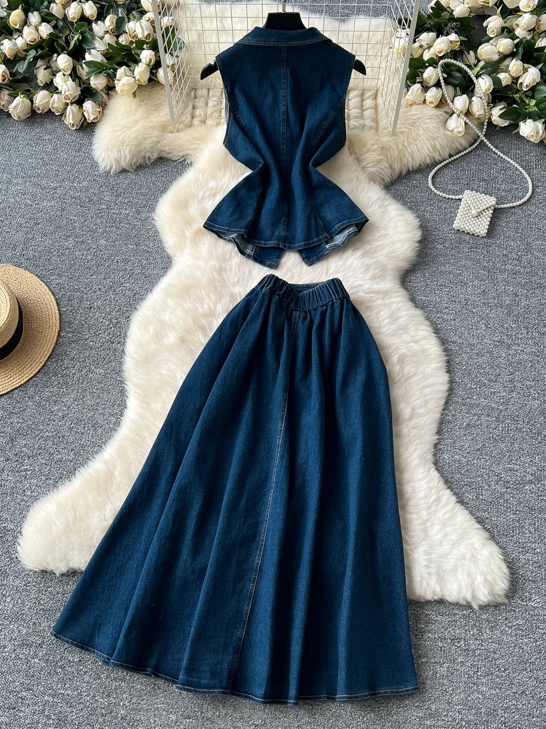 Denim 2 Piece Sets Woman Turn Down Collar Sleeveless Single Breasted Tops High Waist Pleated Skirt Summer 2025 Sweet Suit 250411