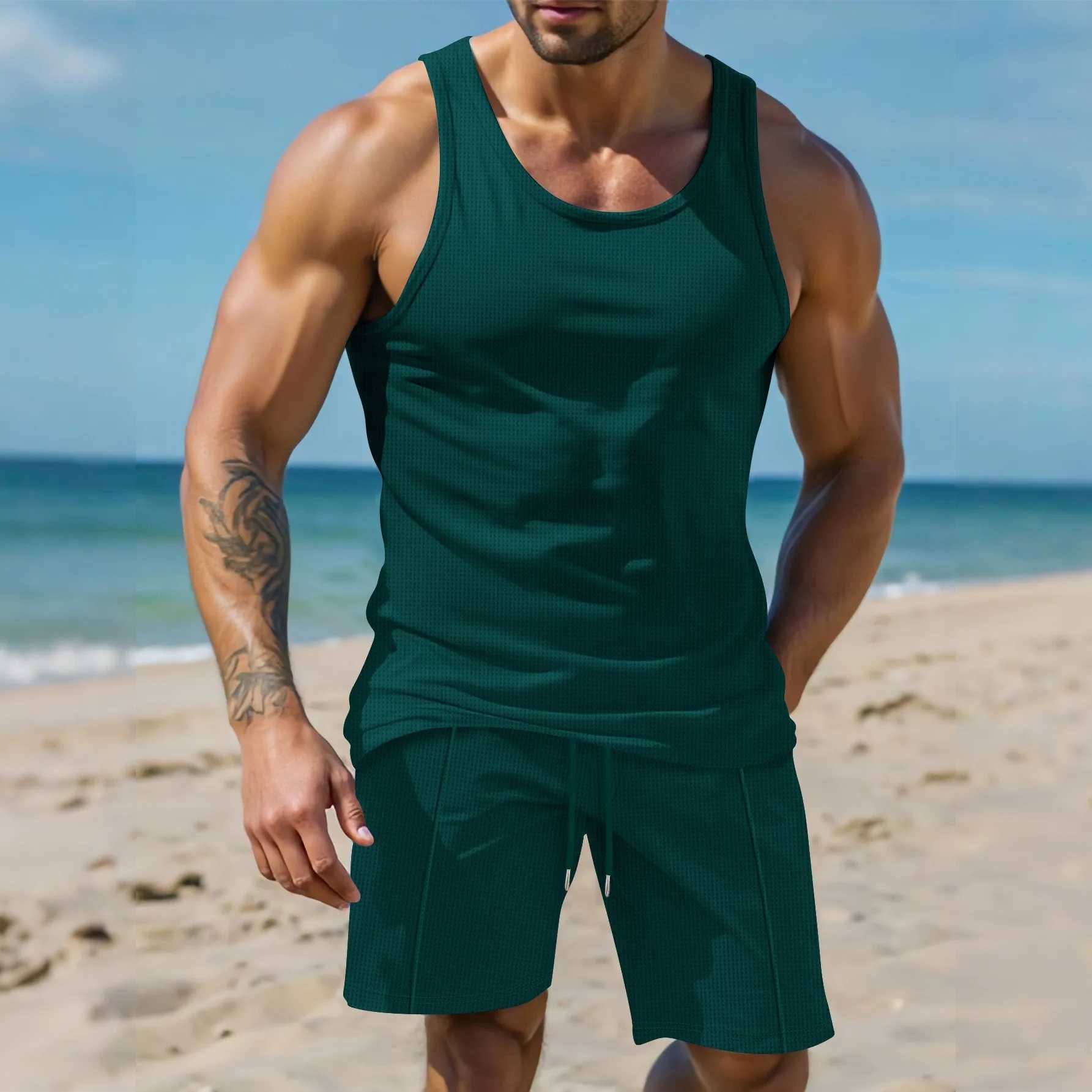 2015 new mens sports and leisure solid color breathable waffle thin summer vest drawstring shorts two setsXJ250412