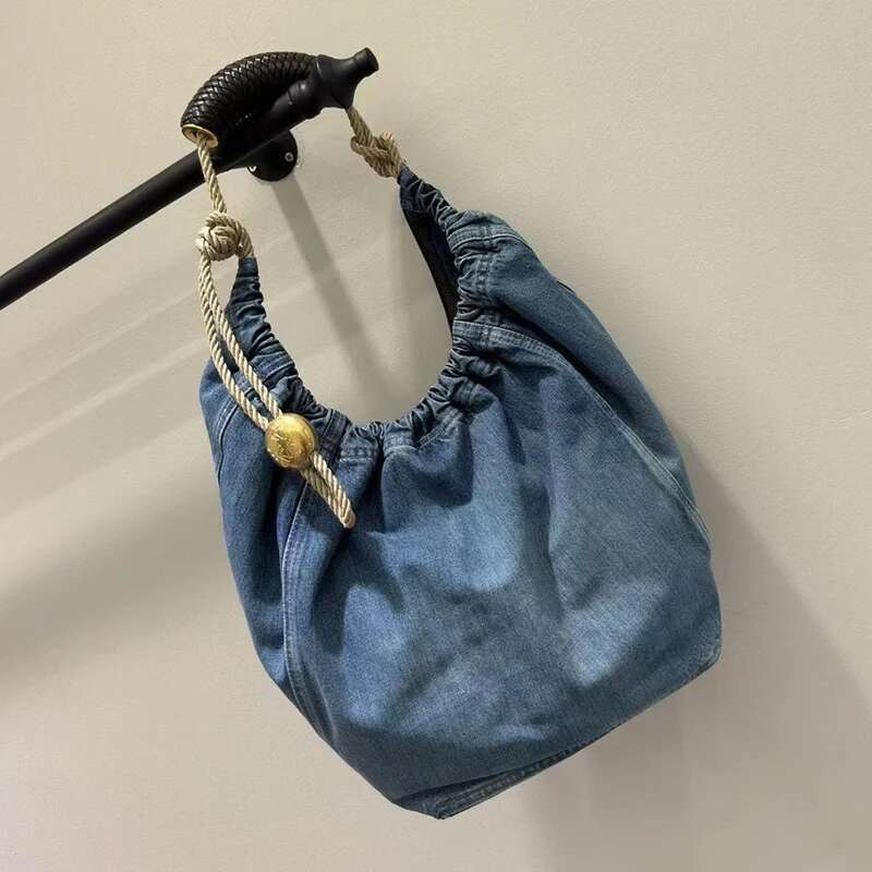 Drawstring Bucket Bags For Women Designer Handbags Purses 2024 New In Fashion Denim Large Capacity Pleated Shoulder Tote