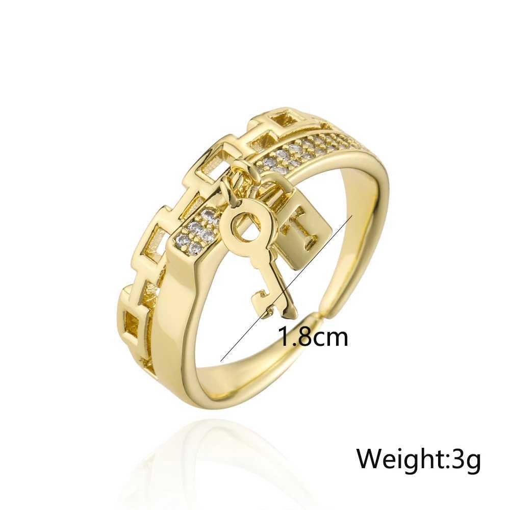 NEWBUY Fashion Gold Colored Copper Wedding Jewelry Luxury AAA CZ Zircon Lock and Key Charm Ring Adjustable for WomenXJ250412