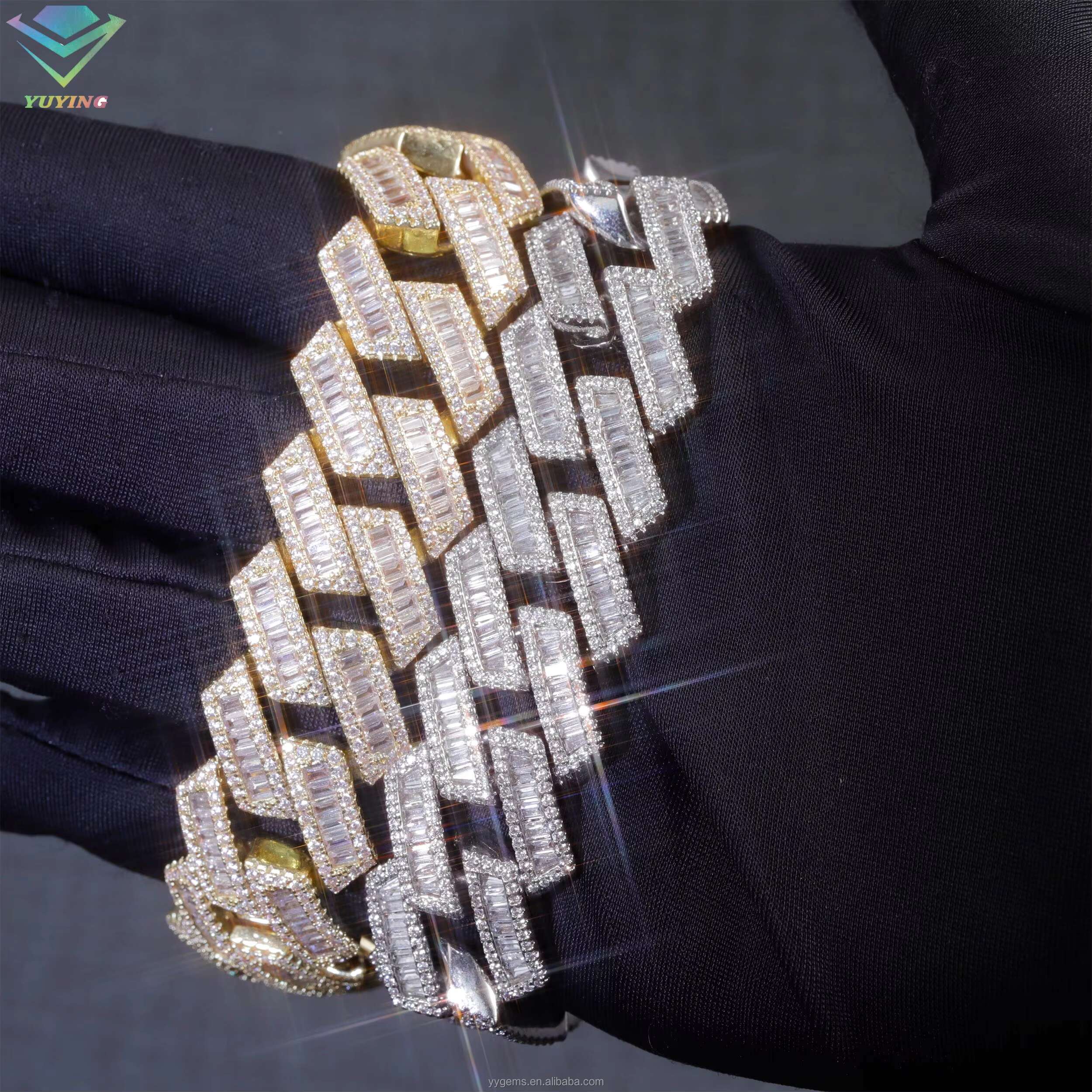 Customization 20mm Luxury Chain Baguettes Moissanite Diamond 925 Silver Iced Out Miami Cuban Chain