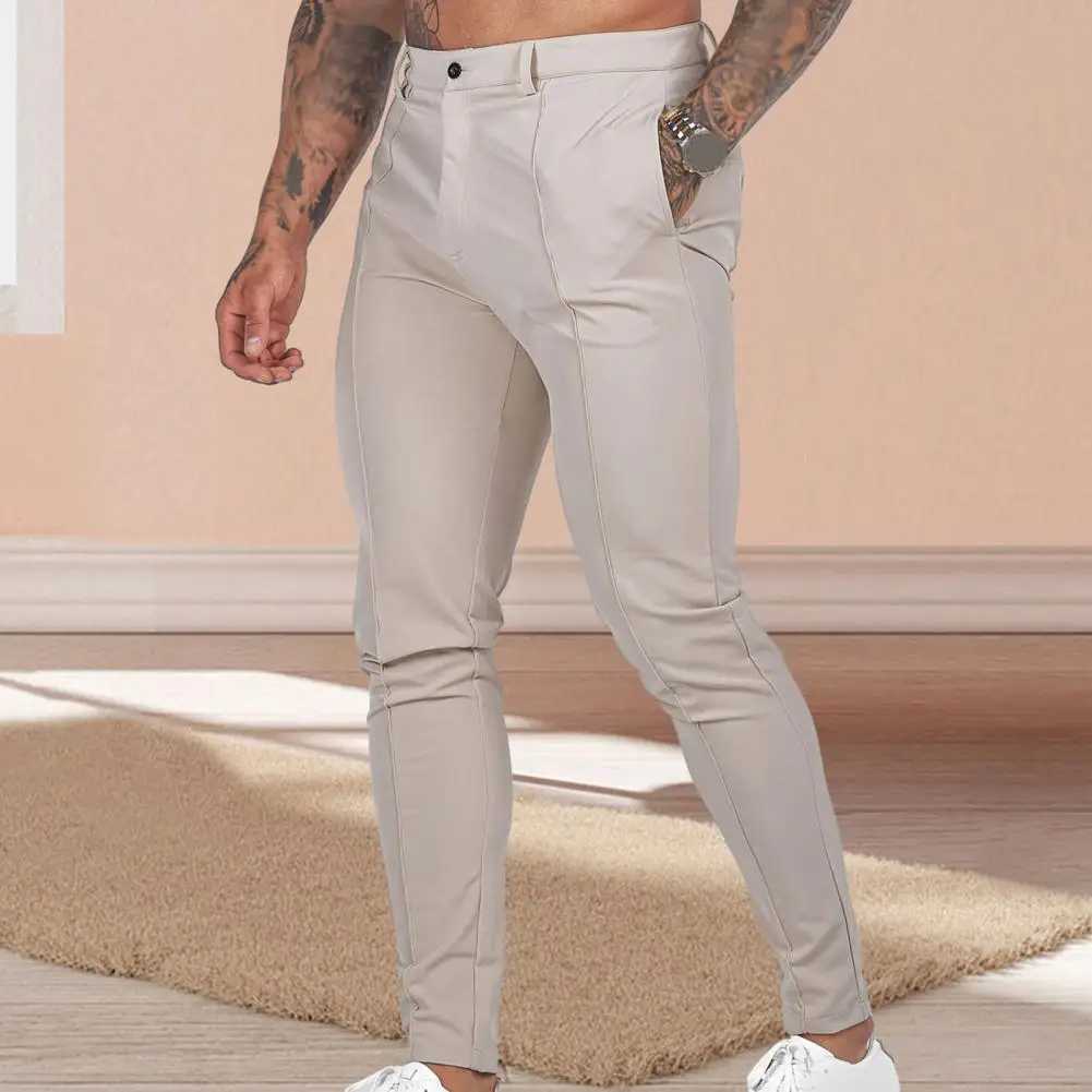 Adjustable waist pants for mens slim fit solid color business pants breathable mid waist ankle length soft and comfortable W250411