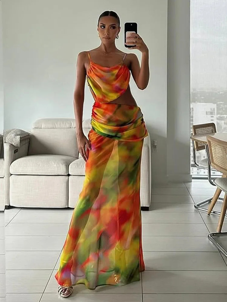 ZRTAK Sexy Wrap Around Cover Up Cut out Mesh Cover-ups Print Beach Long Dress Beathing Suit Beachwear Female Women Maxi Beach 250411