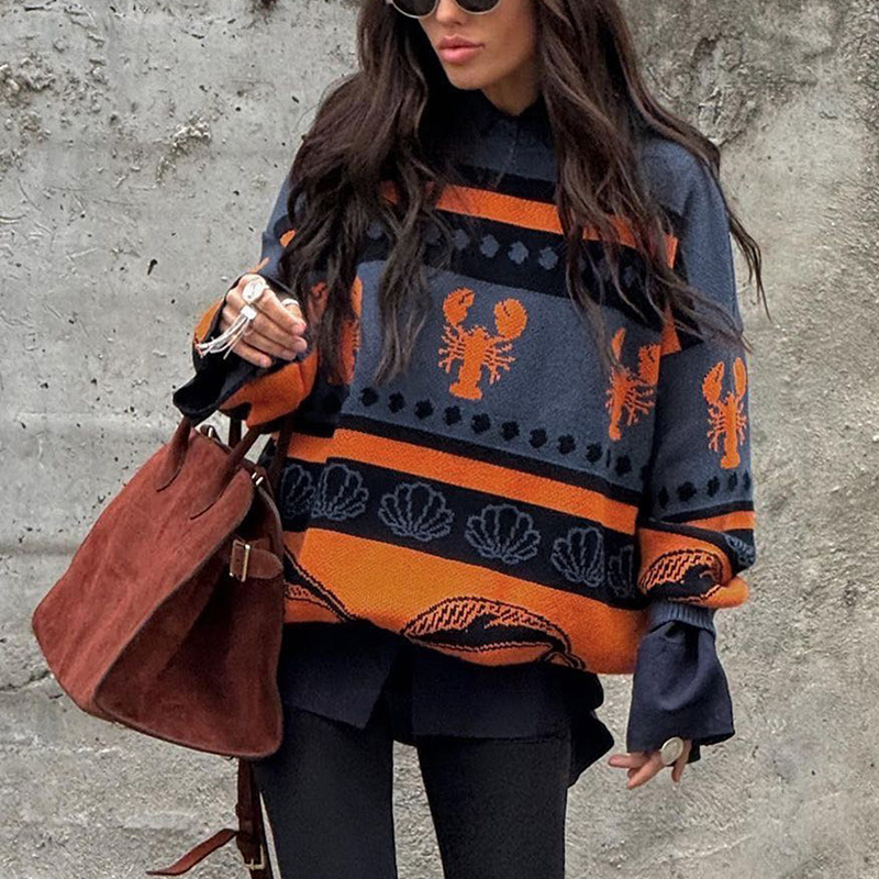 Fall outfits women Women's contrasting color pullover sweater round neck long sleeve autumn and winter casual style street style---NBL141