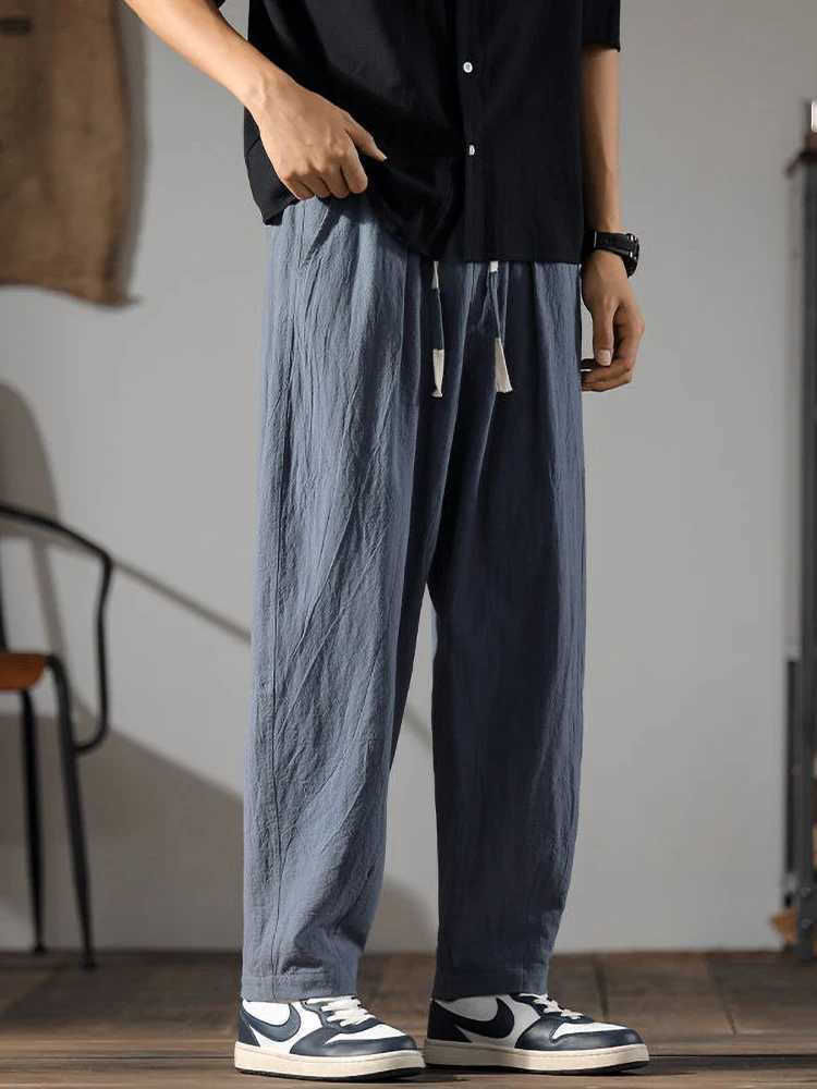 Japanese cotton linen pants mens summer straight casual ice silk sports pants mens wide leg oversized linen pants 2024 new item W250411