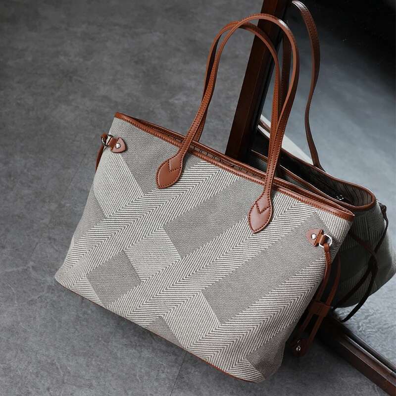 Women's Fashion Shoulder Bag Designer Handbag Large Capacity Canvas With Genuine Leather Tote For Shopping,Commuting,Work