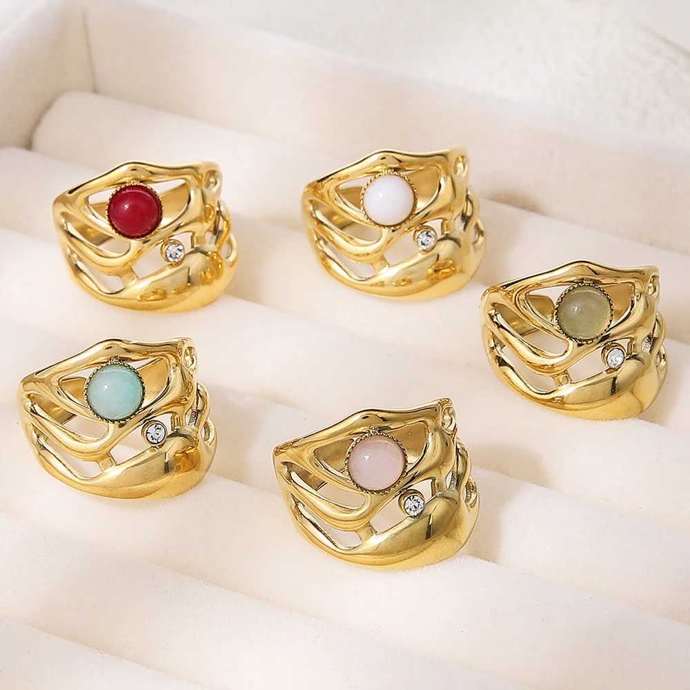 Retro Zircon Irregular Stainless Steel Ring Womens Natural Stone Bohemian Retro 14k Adjustable Wedding Ring Fashion GiftXJ250412