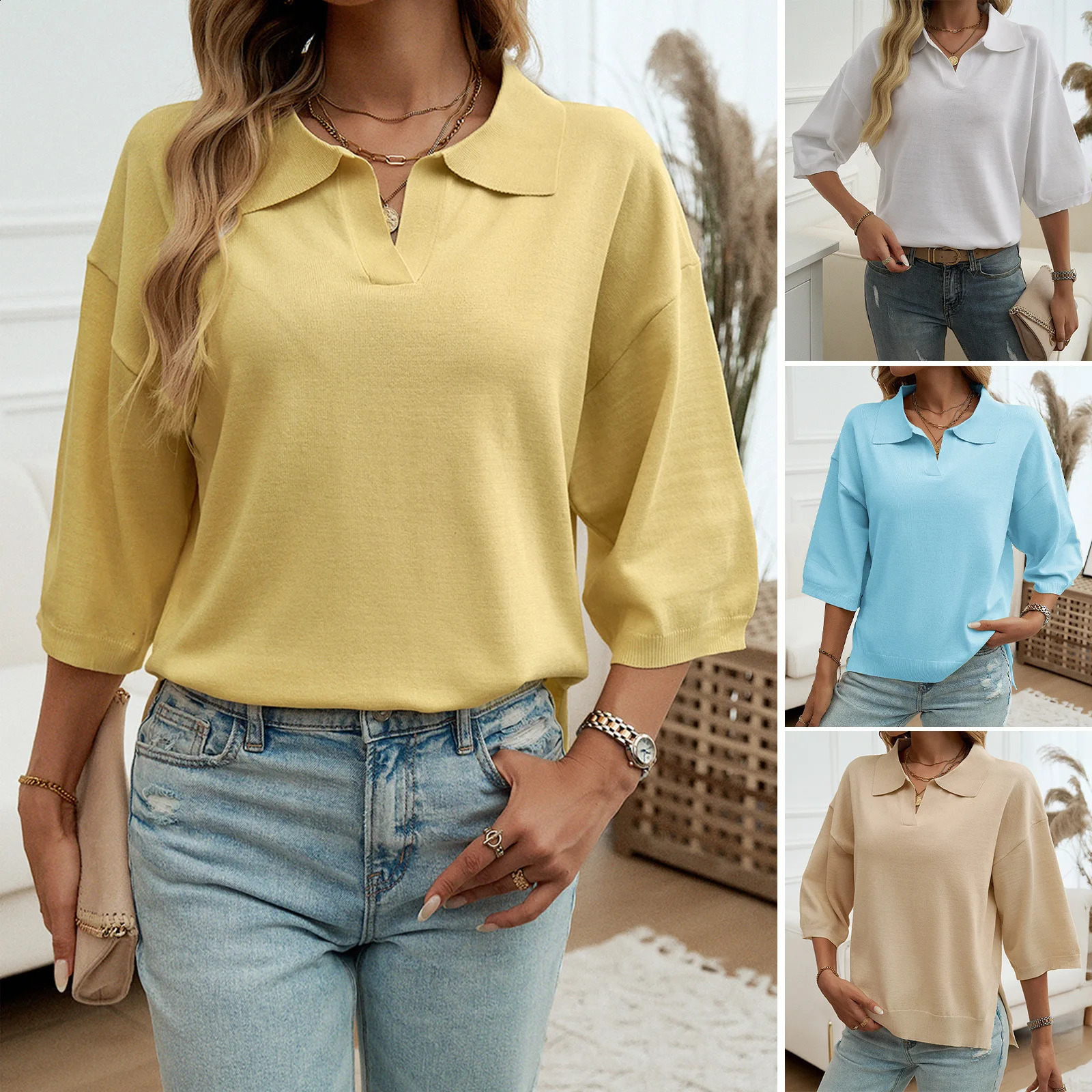 T-shirts For Women Spring Summer Ladys Polo Shirt Solid Color Female Short Sleeve Tops Womens Knit Pullovers Womens Tees 250411
