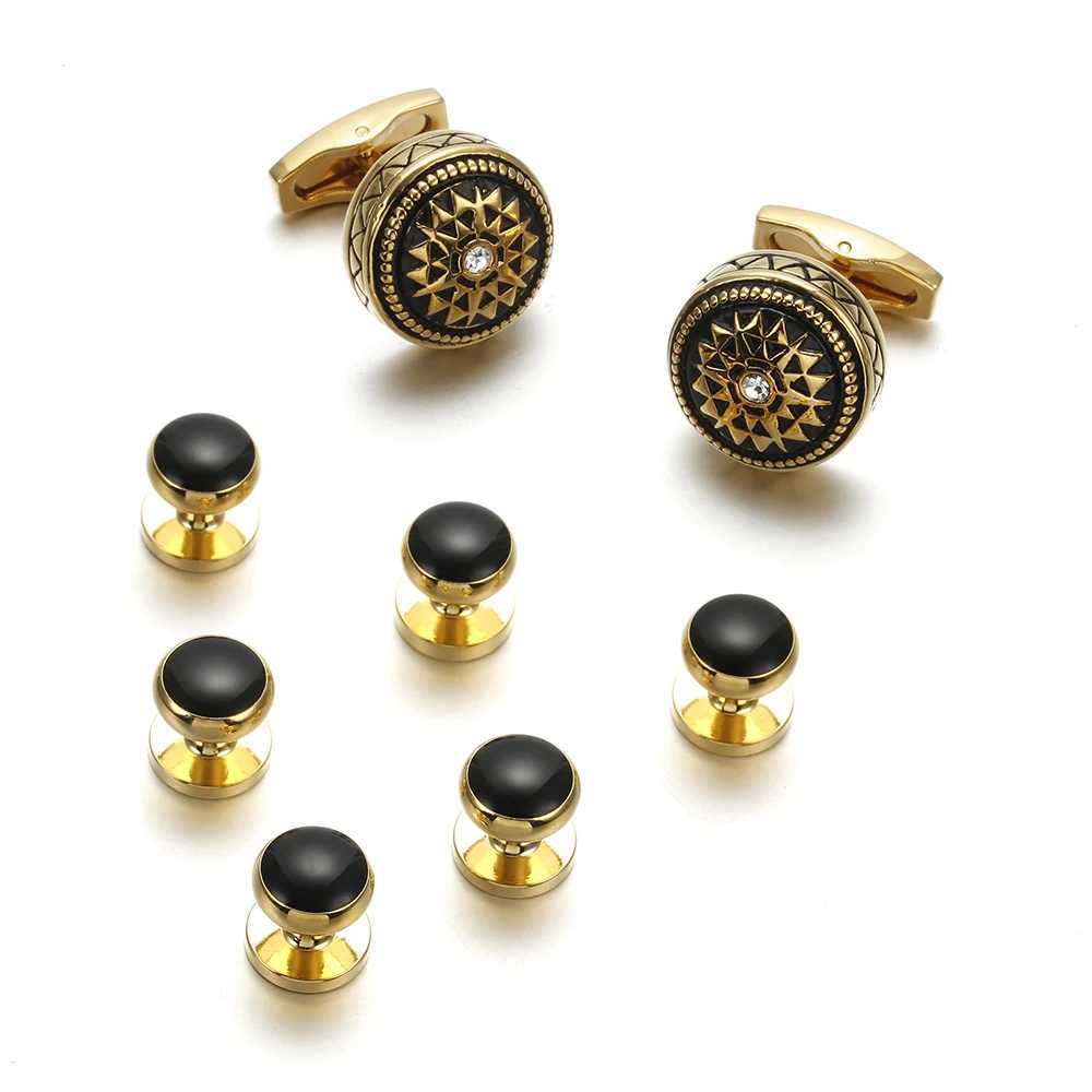 Wajila Round Cufflinks Screw Set 8pcs Black Enamel Gemelos Brass Tailcoat Collar Screw Bonito Mens Jewelry 403T250412