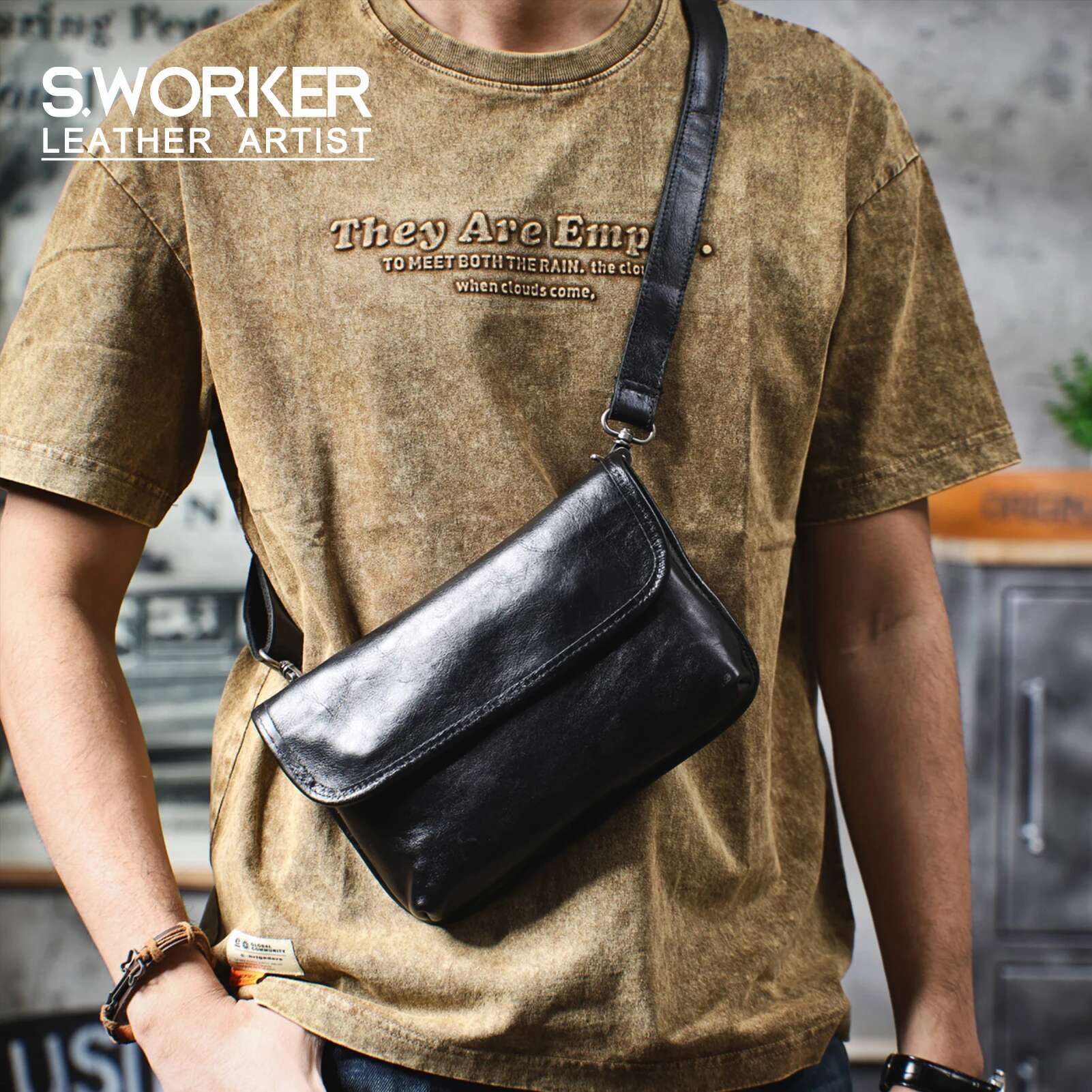 S.Worker Genuine Men's Shoulder Bag, Crossbody Bags Simple Cowhide Bag,Vegetable-Tanned Top Layer Leather Fashion Casual