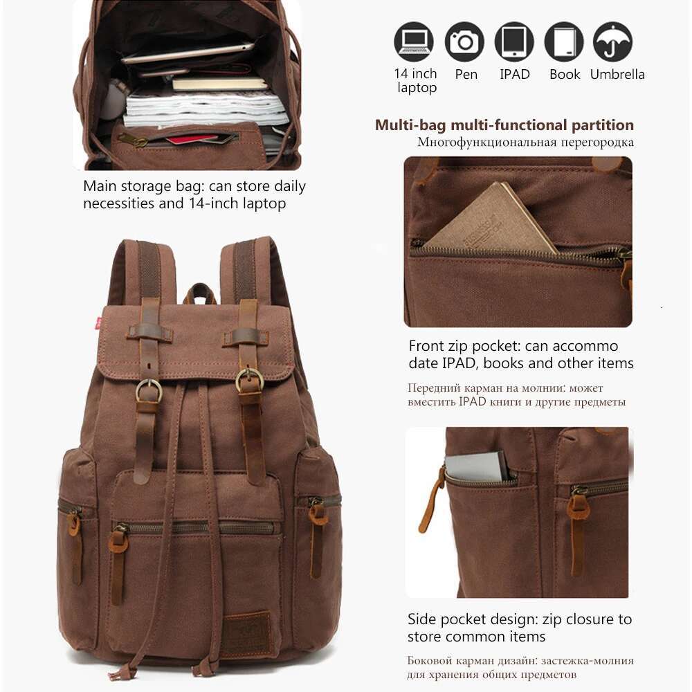 MARKROYAL Canvas Retro Men's Suitable 14 Inch Laptop Bag Vintage 36-55L Wear-Resistant Backpack Coffee Dripshipping