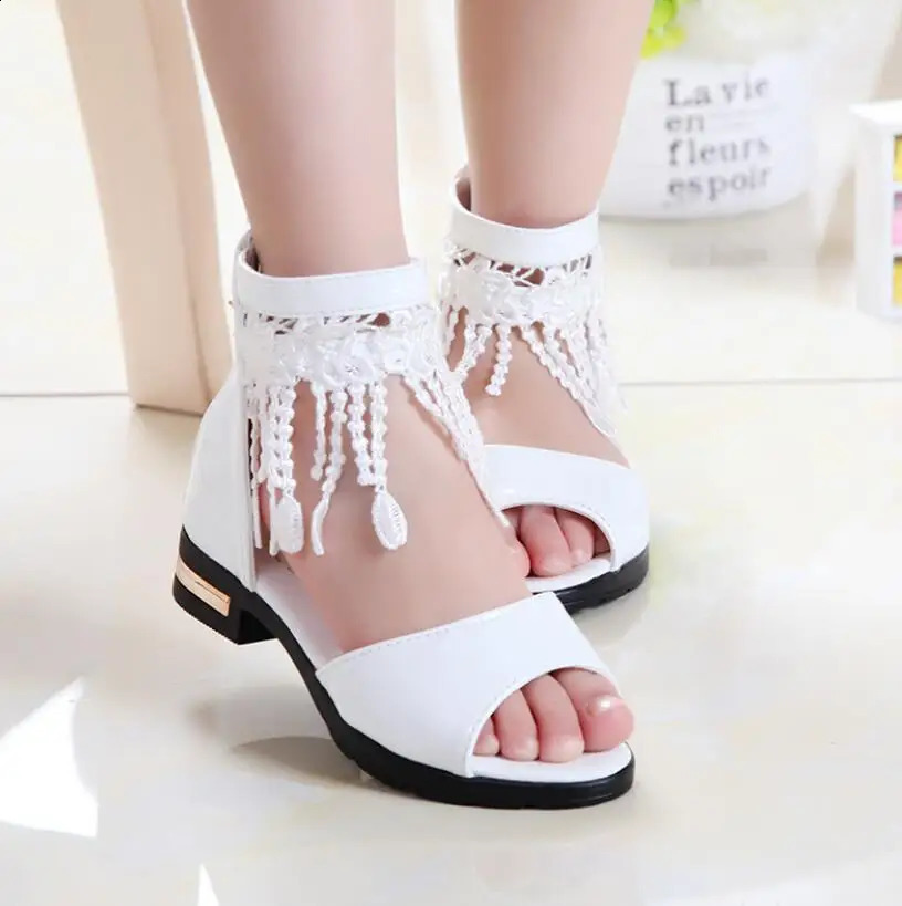 3 5 9 10 12 Years Kids Bow Sandals Children Girls Summer Cute Sandals Beach Princess Fashion High Heels Tassel School Shoes 250411
