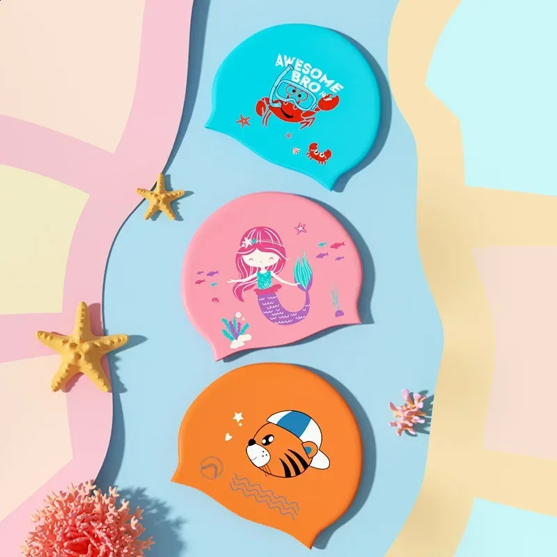 Cartoon Cute Childrens Silicone Swimming Cap Boys Girls Professional Ear Protection Swim Cap for Kids Children Swmming Hat 250411