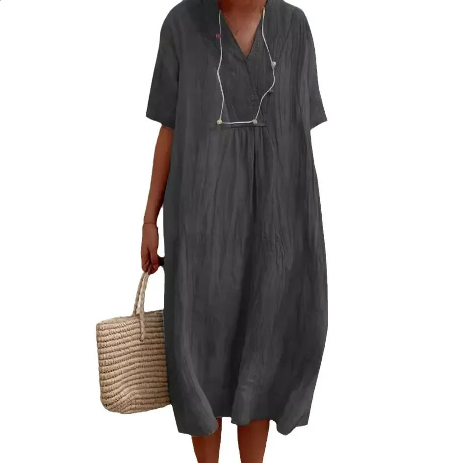 V-neck Short Sleeve Dress Solid Cotton Linen Denim Dress for Women Spring /summer Loose Korean Style Big Size Summer Dresses 250411