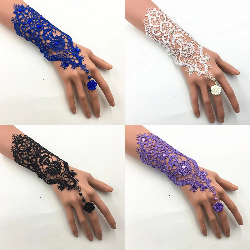 1pair Lace Pearl Rhinestones Bridal Gloves Bracelet Wedding Glove White Black Pink Bride Party Prom Jewelry Ring Wristband Glove 250408