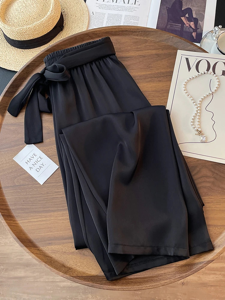 High Waist Ice Silk Acetate Wide Leg Pants for Women Summer Loose Silk Satin long maxi Trousers Spring lace up plus size pants 250411
