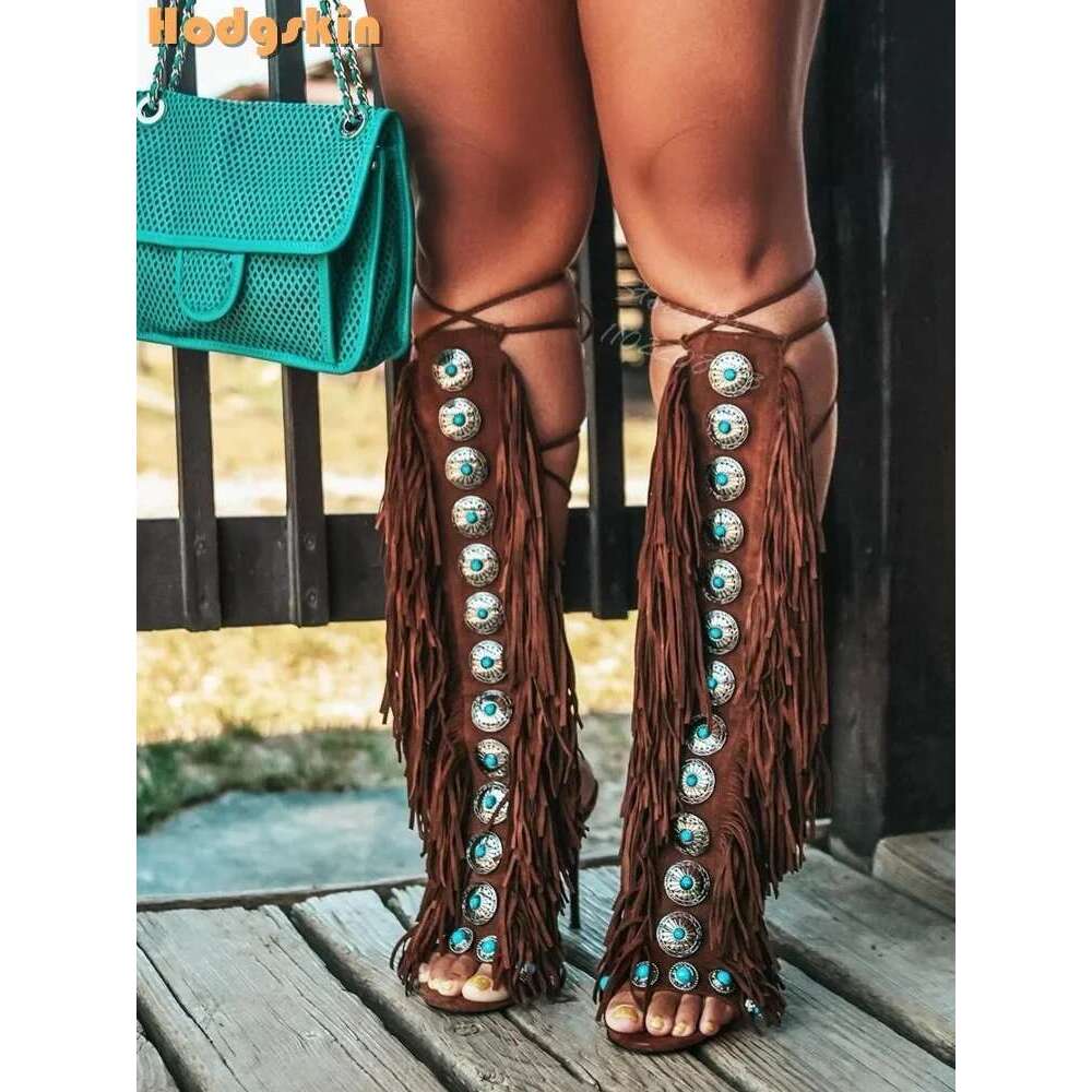 Fringe Cross-tied Stilettos Sandals Round Toe Buckle Decor Back Straps Lace-up Thin High Heels 2025 Women Fashion Shoes Bohemian