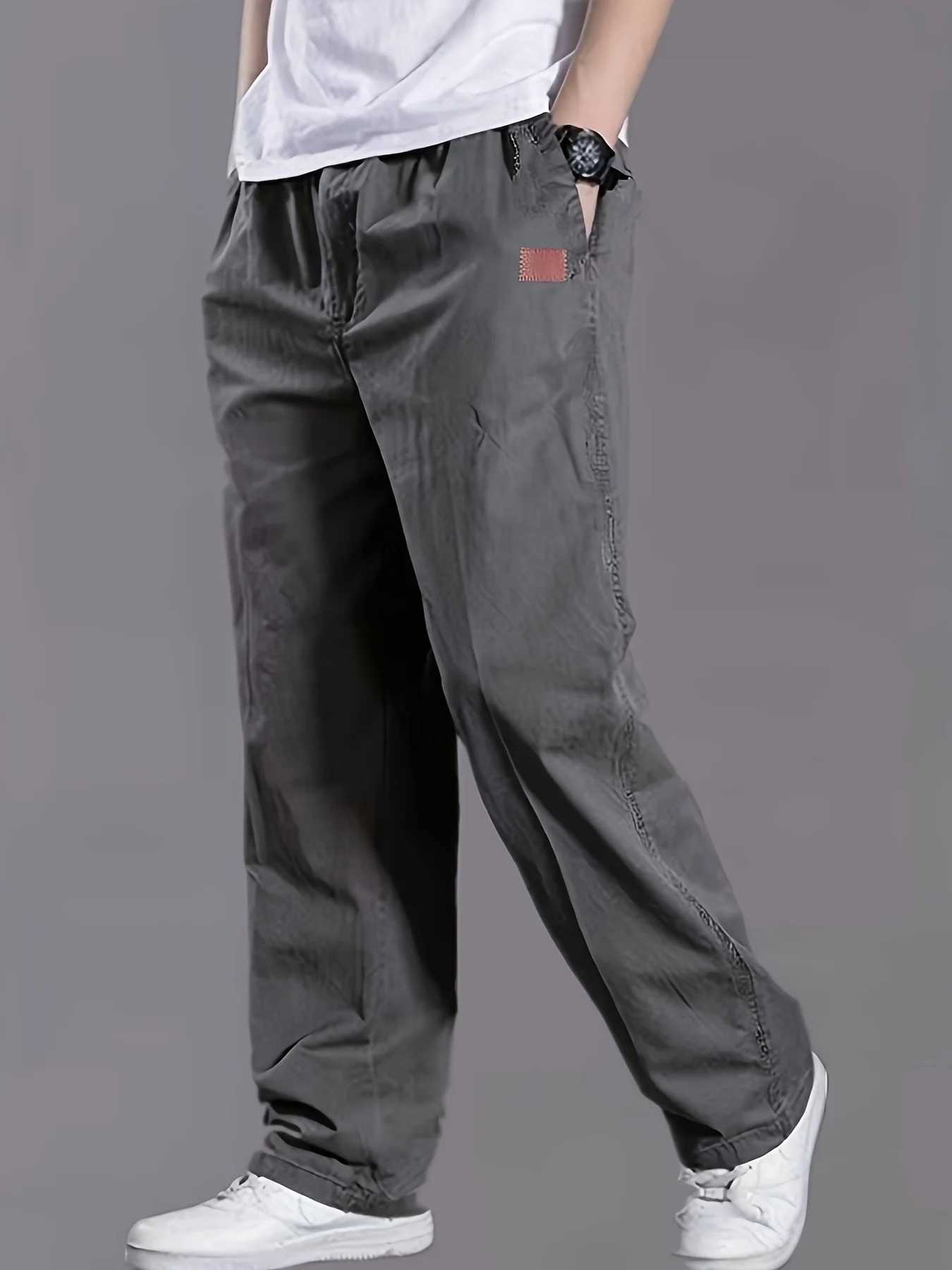 Loose mens work pants solid color waist up straight leg casual work pants with multiple pockets W250411
