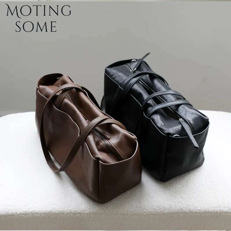 Motingsome Retro Cowhide Shoulder Bag Woman Large Capacity Daily Bags Vegetable Tanned Leather Satchel Boston Purses 2025