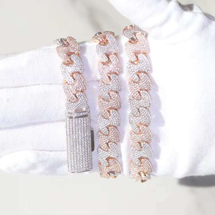 Pass Diamond Tester VVS Moissanite 11MM Wide Two Tones Gold Plated Sterling Silver Cuban Link Chain