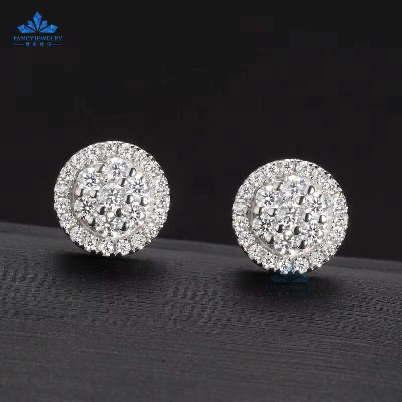 Wholesale Stock Jewelry Round Shape Moissanite halo Earrings D VVS Small Diamond 925 Sterling Silver Flower Earrings for Women