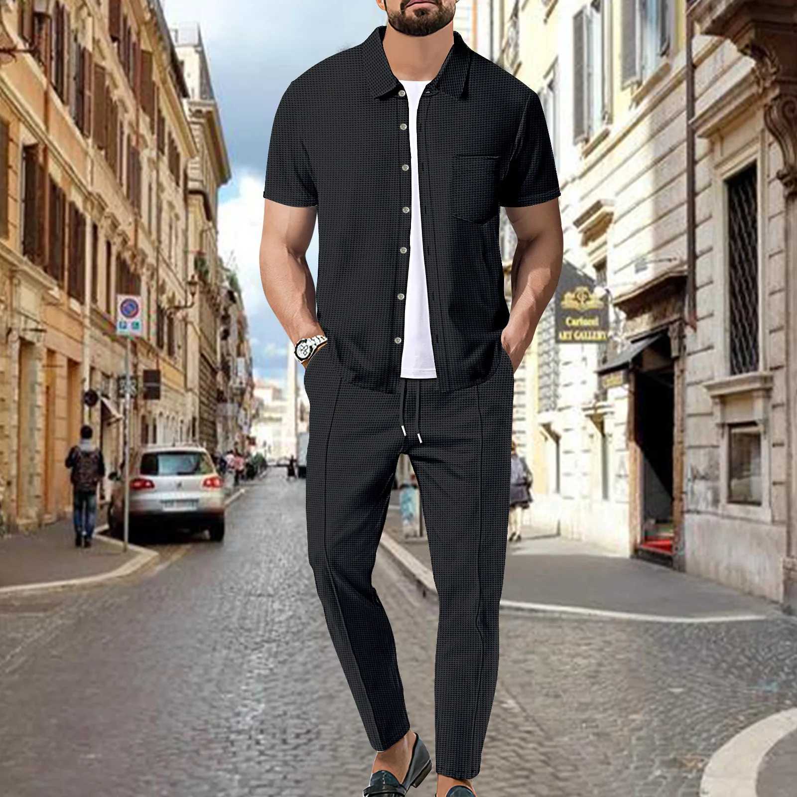 2025 Summer Mens Business Leisure Waffle Pocket Solid Color Short Sleeve Fashion Trend Collar Shirt Pants Two Piece SetXJ250412