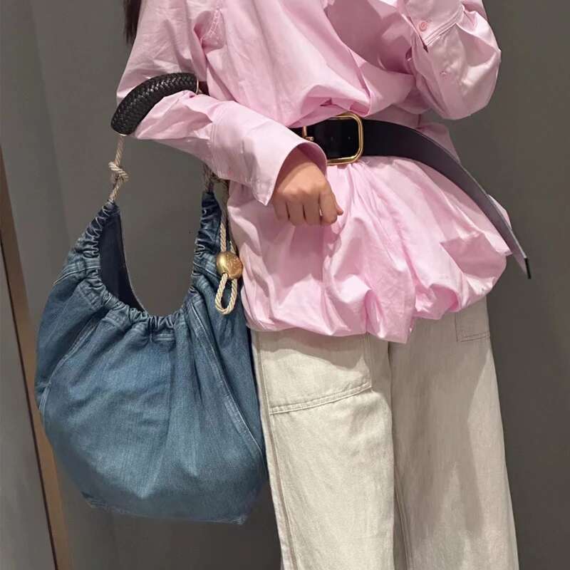 Drawstring Bucket Bags For Women Designer Handbags Purses 2024 New In Fashion Denim Large Capacity Pleated Shoulder Tote