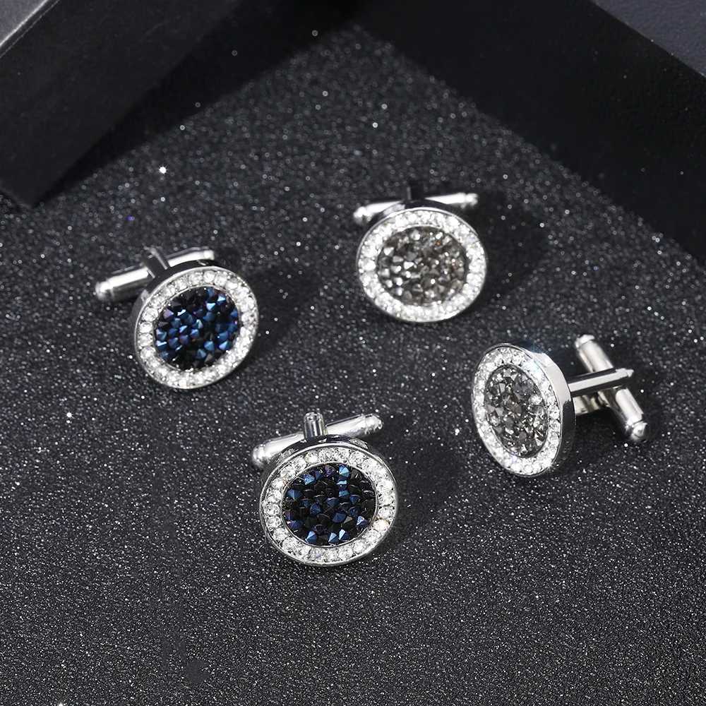 Beautiful 2-piece double circle crystal mens cufflinks blue and gray sleeve buttons boys shirt set jewelry wholesaleT250412