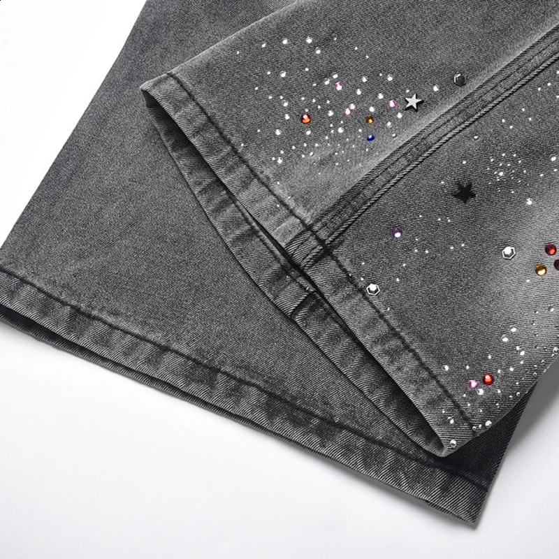 PFNW Street Washed Heat-melting Rhinestone n Retro Denim Shorts Mens 2025 Summer Chic Grey Straight Knee Length Pants 250411