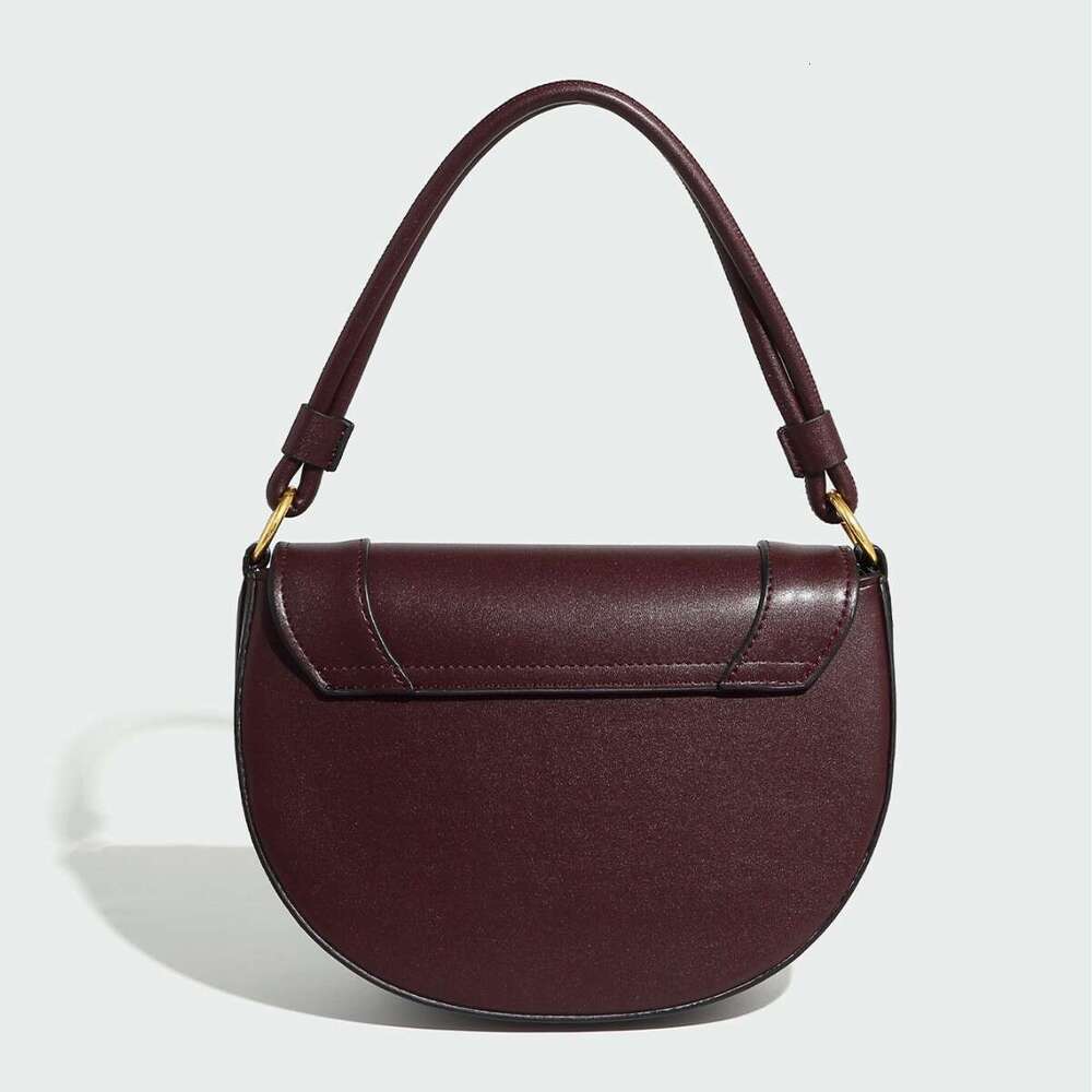 Spring New Product: Women's Wine Red Saddle Bag, Color Contrasting Thread Cutting Decoration, Handheld Single Cross Shoulder Flip Hard Bag