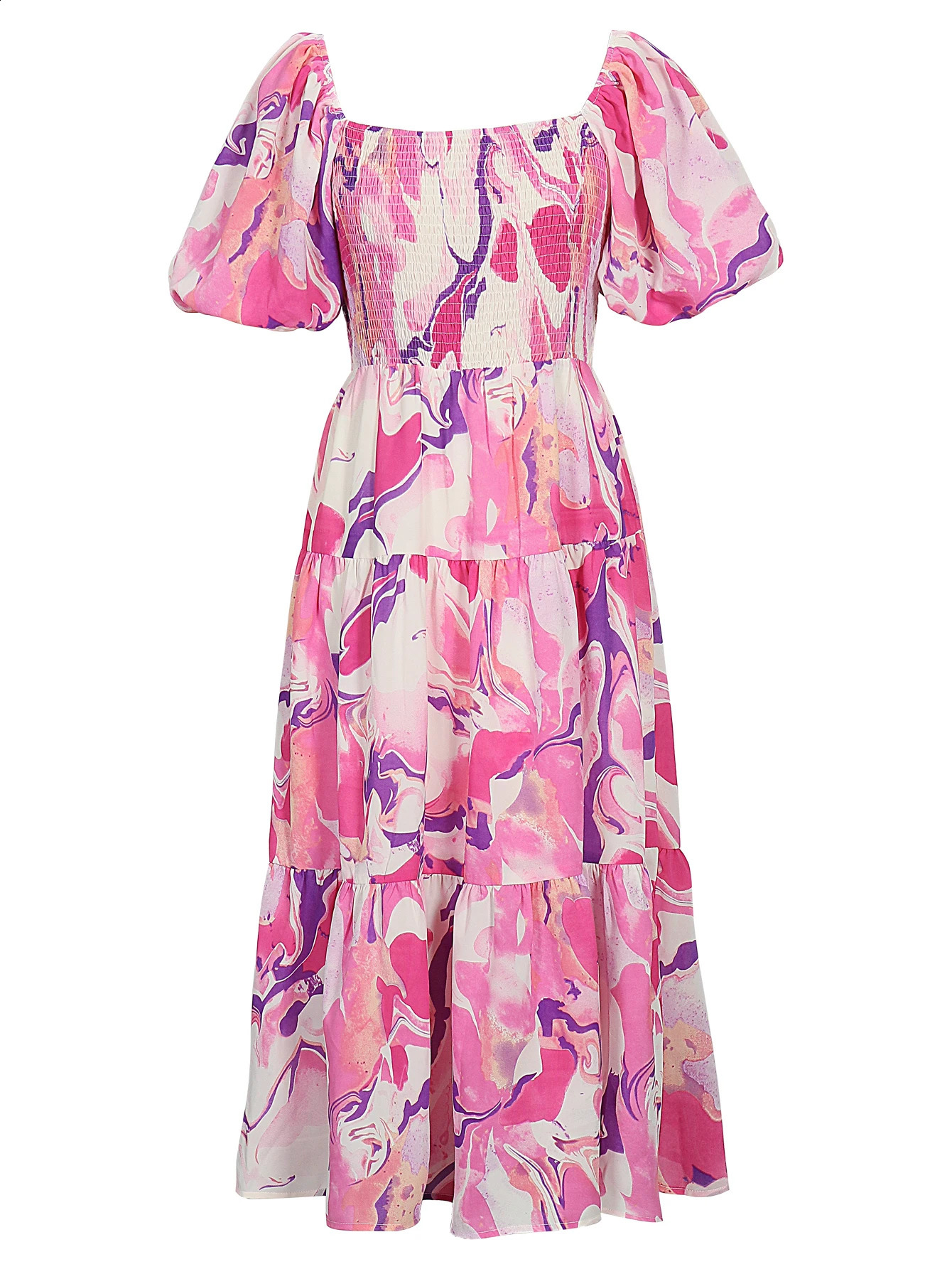 Womens Spring and Summer Long Dress Bohemian Flower Square Collar Midi Puff Short Sleeve Lace Maxi Beach Sundress 250411