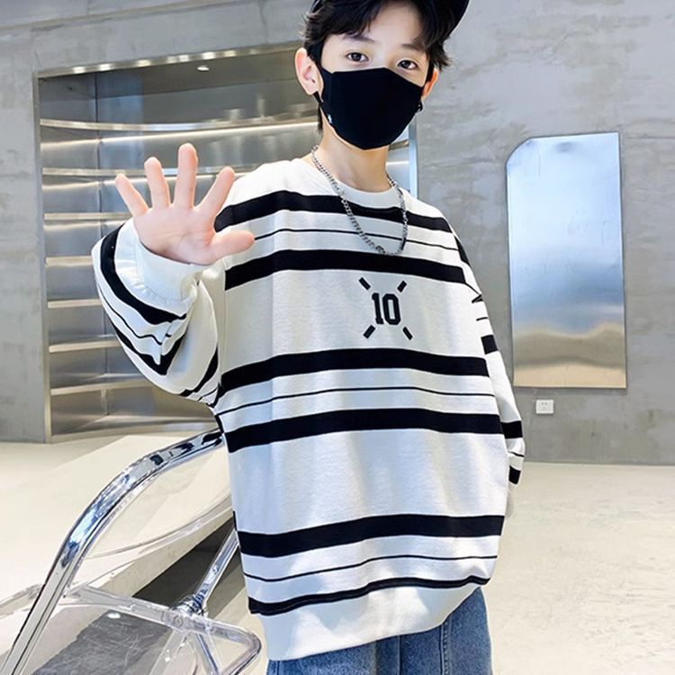 Ddmyshoesvip Boys Autumn Striped Hoodie New Cool And Handsome Boy Loose Round Neck Long Sleeved T Shirt Korean Version Thin Top